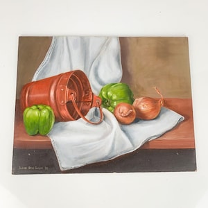 Vintage Original Still Life Oil Painting On Board Signed Peppers Onion realism, gallery wall