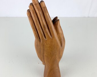 Vintage Hand-Carved Wooden Religious Praying Hands Free Standing Sculpture, vintage Iconograph