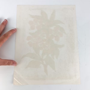 May include: A vintage print of a floral design with pink flowers and green leaves on a white background.