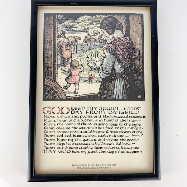 Vintage Cuala Press Dublin Handcolored Print Prayer for Little Child Framed 239, vintage farmhouse print