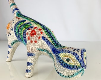 Vintage Rare Alvino Bagni Bitossi Italian Pottery Confetti Cat Jewel Glaze Sculpture Mcm