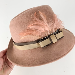 Vintage Lancaster 100% Wool Brown Fedora Hat with Pink Feathers Fall Wardrobe, vintage hat, vintage fedora