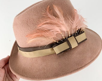 Vintage Reworked Wool Fedora Hat Cream Western Festival Boho Ralph Lauren Style Vintage Wool Felt Hat With Feather Boho Western Fedora Ralph  main image 3