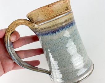 Large Vintage Studio Blue Tan Stoneware Glaze Coffee Tea Mug Stamped 16 Ounces, Rustic Primitive, vintage mug, studio pottery mug