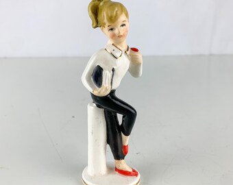 Rare Vintage School Girl Book apple Japan Rockabilly Ceramic Figure hand painted, kitschy figurine