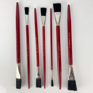 Vintage Modern Artist Used Painted Paint Brush Lot 7 Red Grumbacher Ny Brushes, Mid Century Art