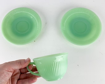 Vintage Fire King Jadeite Jane Ray Design Tea Cup 2 Saucers Ribbed Green kitchen, vintage milk glass, kitschy kitchen