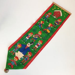 Vintage Scandinavian Christmas Elves Snowman Wall Hanging Burlap Mid Century