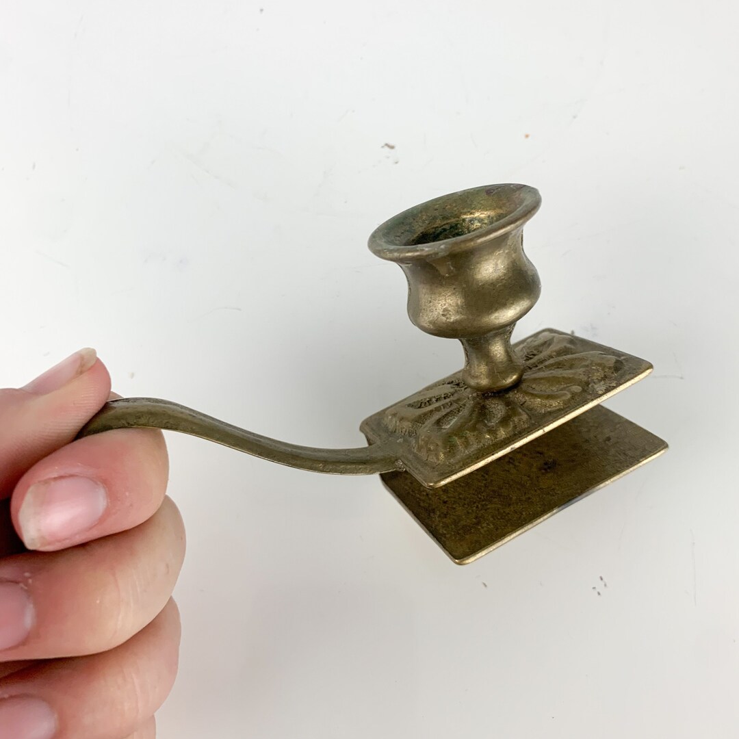 Vintage Ornate Brass Candlestick Candle & Match Holder W Finger Holder