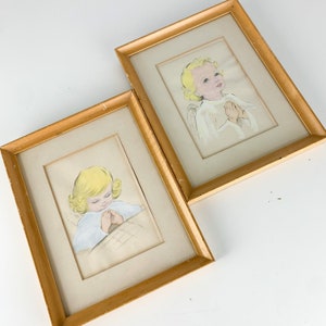 Vintage Praying Angel Child Boy Girl Framed Painting Nursery Picture iconography, vintage religious wall hanging