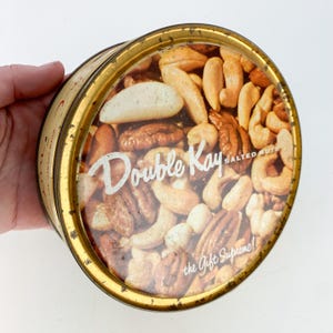Vintage Double Kay Salted Nuts Tin Kelling Nut Co Retro Advertising Metal Empty, brown advertising tin