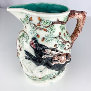 Vintage Ceramic Hunting Stag Dogs Tree Majolica Like Pitcher High Relief Details, Vintage Majolica, Vintage Pottery Pitcher