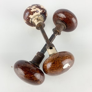 4 Antique Vintage Porcelain Victorian Brown Tiger Swirl Bennington Door Knobs, Rockingham farmhouse