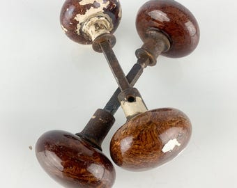 4 Antique Vintage Porcelain Victorian Brown Tiger Swirl Bennington Door Knobs, Rockingham farmhouse