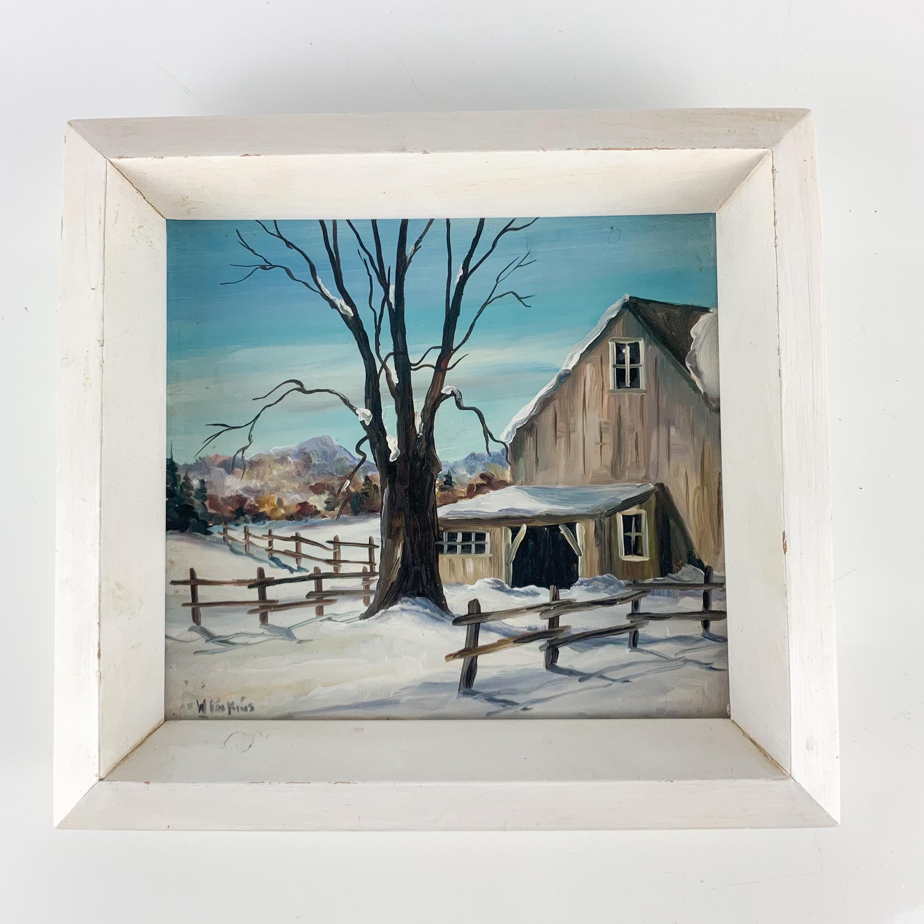 Vintage Wendell Thompson Perkins Impressionist Acrylic Painting Snow Barn Trees, gallery wall, one of a kind art, winter art