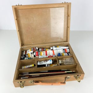 Vintage Artist Wooden Travel Field Case Box Brushes Hyplar Paint Tubes Palette