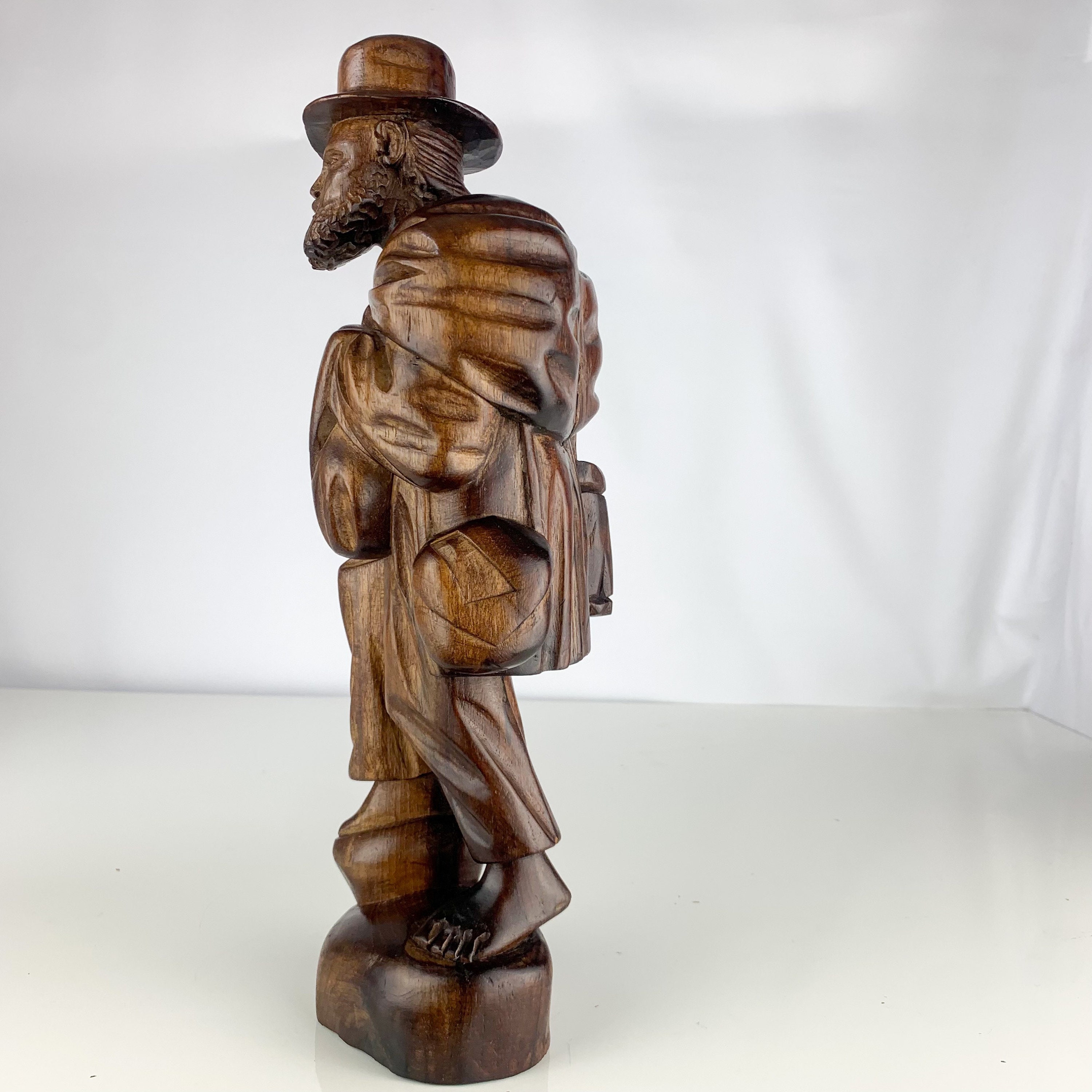 Vintage Hand Carved Wooden Sculpture Barefoot Walking Beggar Bearded