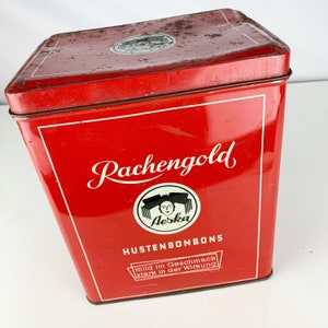 Vintage Rachengold Aeska Red Advertising Tin Bonbons Speck Germany Store Display, red advertising tin, bonbon tin