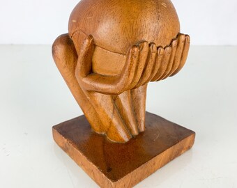 Vintage Sorrow Head in Hands Hand Made Carved Solid Wood Art Sculpture mcm, one of a kind art, Folk Art