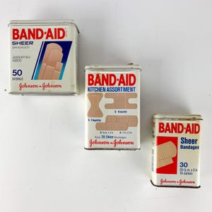 3 Vintage Metal Band-Aid Kitchen Assortment Tins Hinged Boxes Sheer Bandages Lot, Advertising Lot