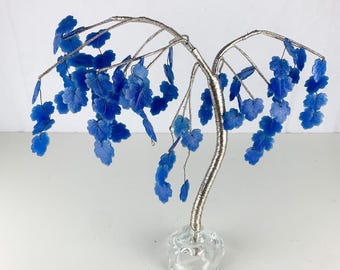 Vintage MCM Large Whimsy Tree Sculpture Art Blue Glass Leaves & Base with Wire, Glass Tree
