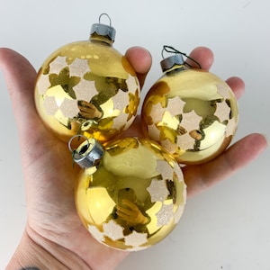 3 Vintage Gold Glass Stenciled Christmas Star Glitter Ornaments Mid Century Modern