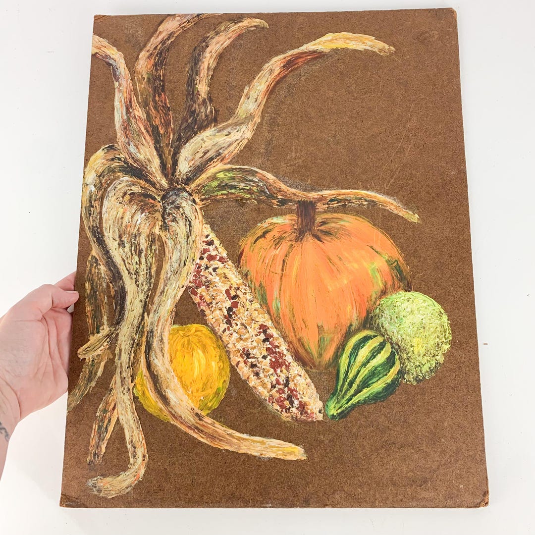 Vintage Original Still Life Painting Pumpkin Squash Corn Harvest ...