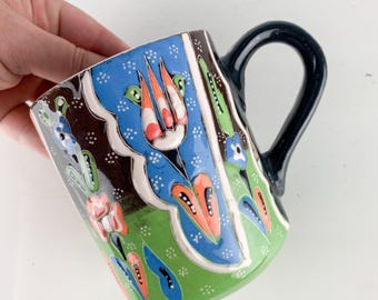 Vintage Ceramic Turkey Tableworks Blue Floral Vibrant Colors Coffee mug Signed, vintage pottery mug