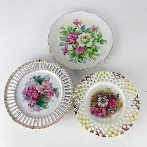 3 Vintage Hand Painted Porcelain Plate Wall Reticulated Japan Floral Gold Trim, cottage core, vintage farmhouse, vintage plate wall