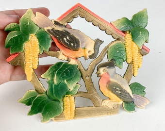 Vintage German Die Cut Birds Finches Embossed Cardboard Primitive Wall Hanging, vintage farmhouse decor, primitive decor