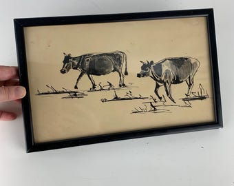 Vintage Original Black Ink Watercolor Painting Bulls Cows Steers Livestock Farm, vintage art, gallery wall, vintage painting, western art
