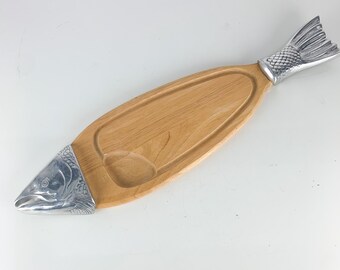 Vintage Large Wood Metal Fish Buffet Cutting Serving Board Sigma Wall Hanging, Nautical Coastal Decor
