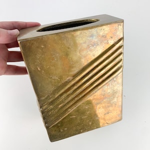 Vintage 80s Art Deco Revival Brass Rectangular Vase Napkin Tissue Holder Retro, vintage brass vase
