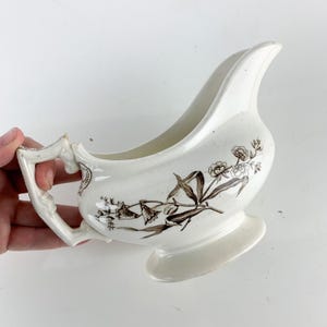 Antique 19th Cent English Transferware Pottery Sauce Gravy Boat Stained Crazed, vintage serving ware