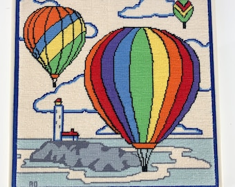 Vintage Handmade Needlepoint Hot Air Balloons & Rainbow Metal Framed Fiber Art, vintage needlepoint, vintage farmhouse