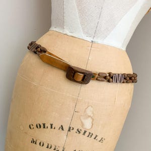Vintage Brown Leather Wood Beaded Belt Macrame Style Boho Country Western 34”