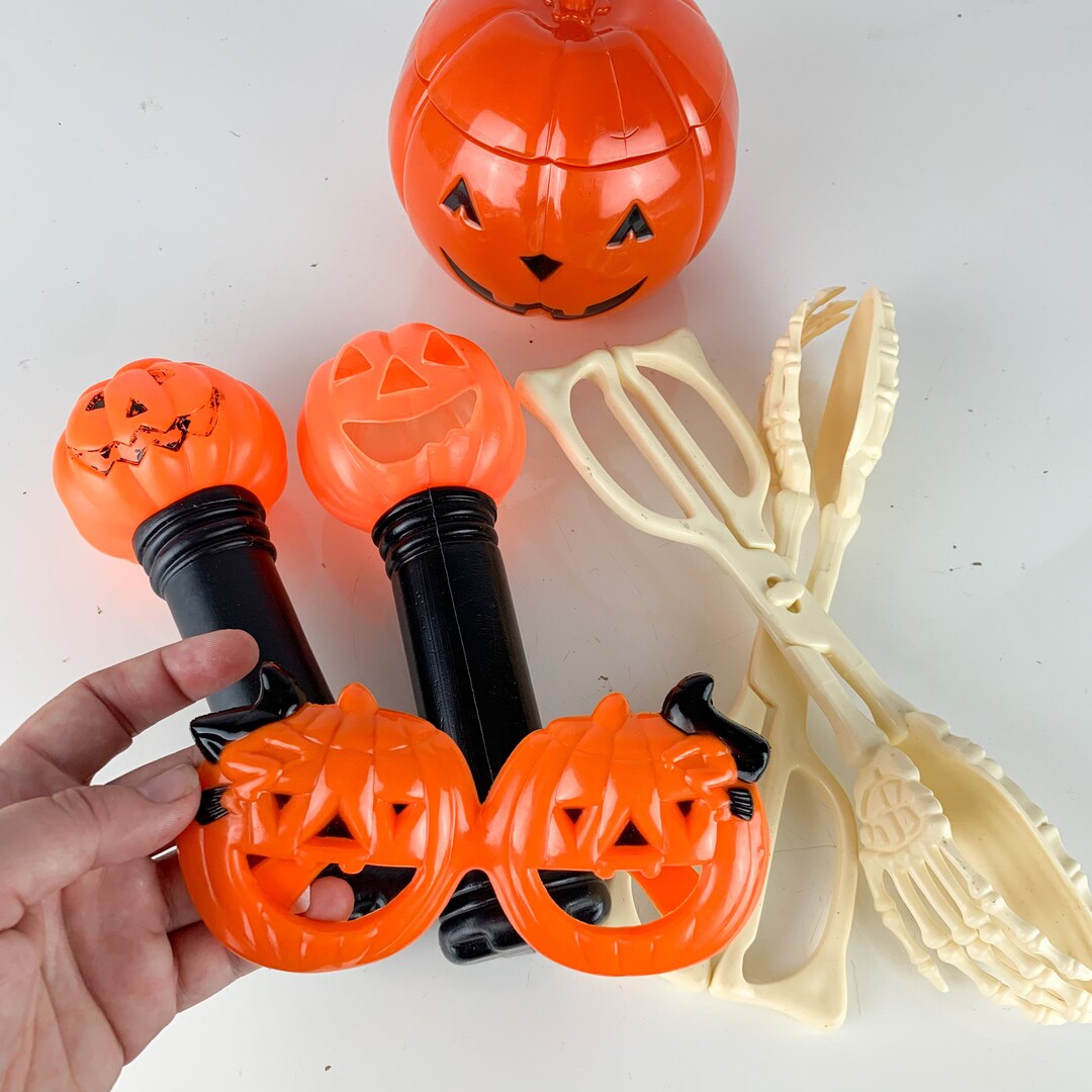 Vintage Halloween Plastic Lot Witches Pumpkins Skeletons Candy Tongs