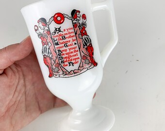 Vintage Milk Glass Mug The Doughnut and the Hole Jesters Proverb Goblet Gift , vintage milk glass, fire king mug, kitschy kitchen