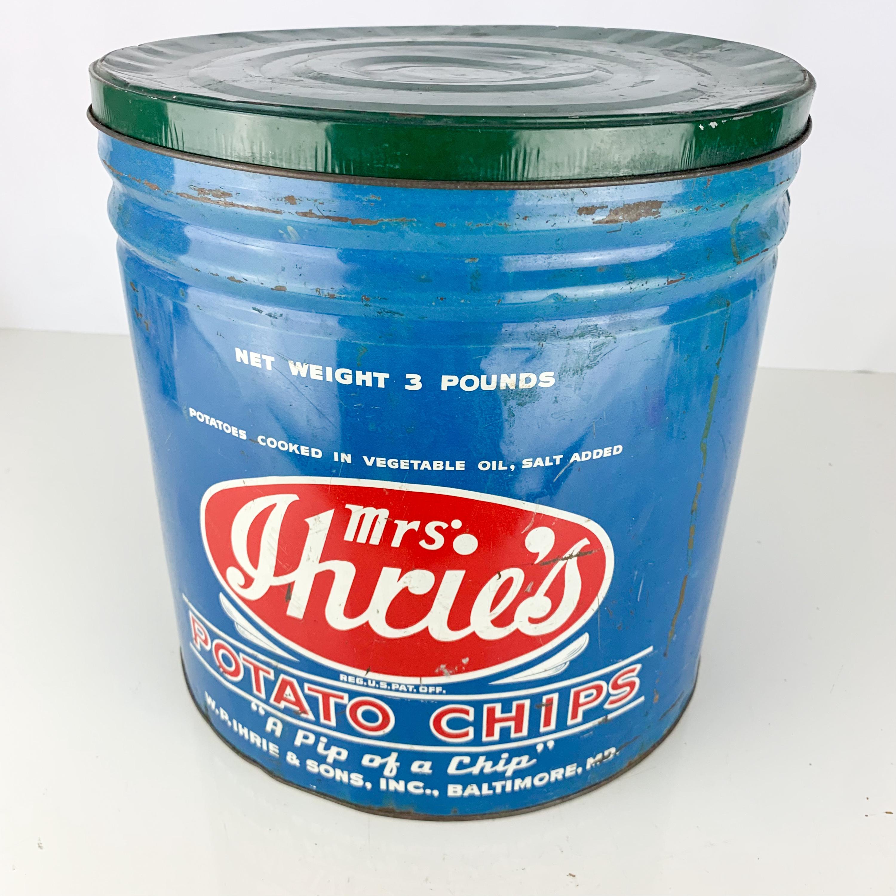 Vintage Mrs Ihries Potato Chips Blue Metal 3 LB Can Bucket Chip