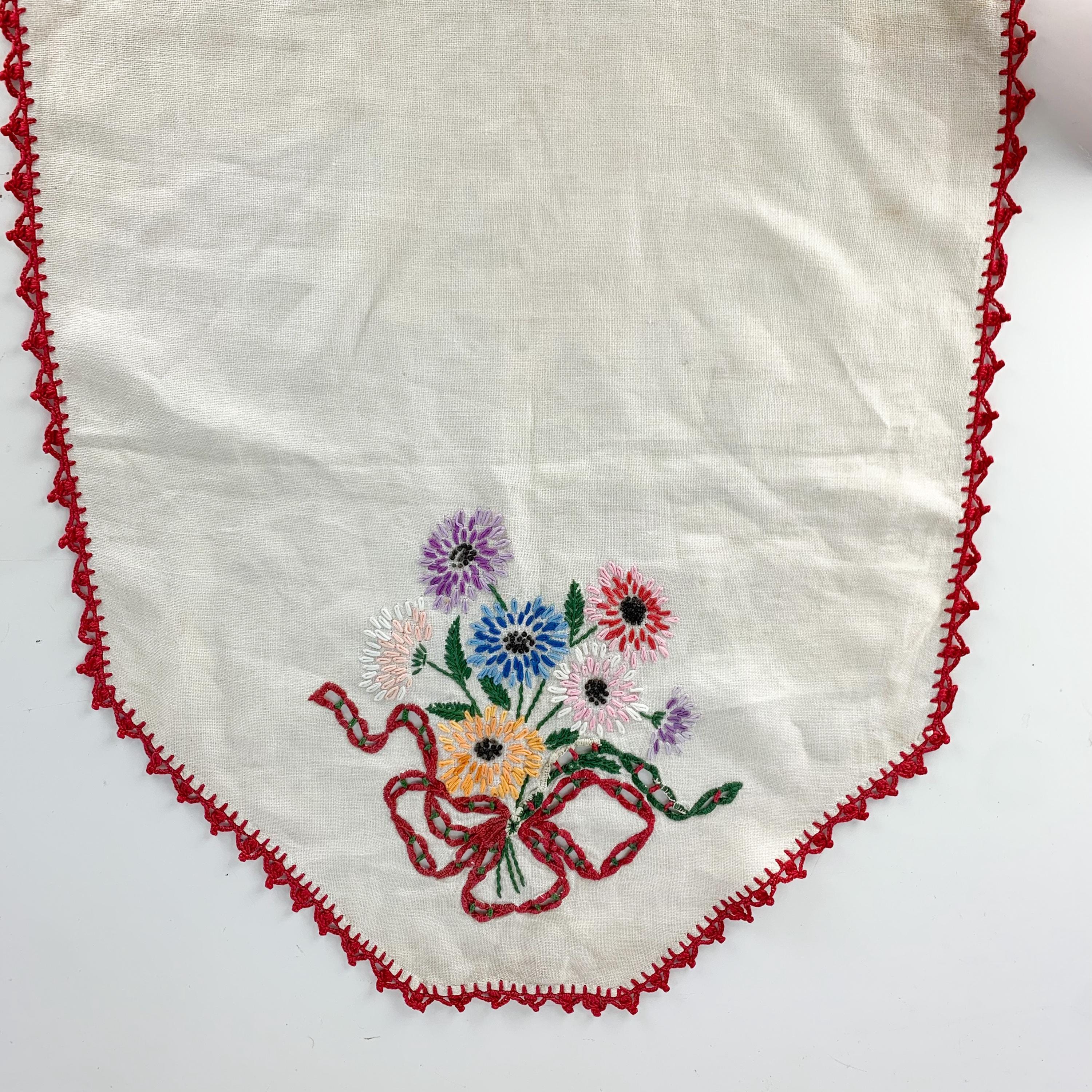 Hand Rummer Vintage Linen Hand Embroidered Table Runner Floral Red Pink Flower ...