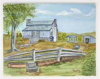 Vintage Original Acrylic North Carolina Farm Homestead Farmhouse Painting Signed, Naive Gallery Wall, farm art