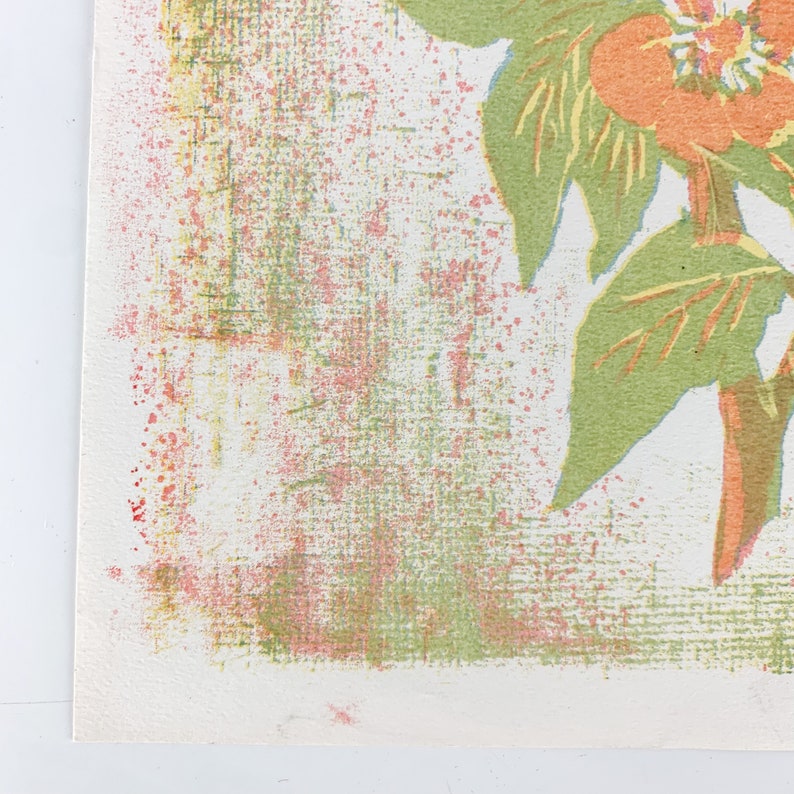 May include: A vintage floral print with orange flowers and green leaves on a white background. The print has a textured, hand-painted look.