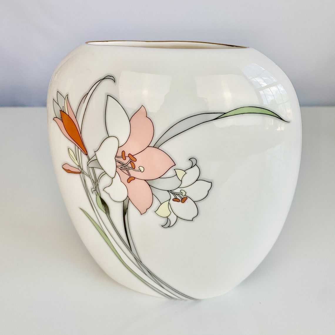 Vintage Japan Yamaji Vase Oval Calla Lily Flowers Gold Rim 80s Etsy