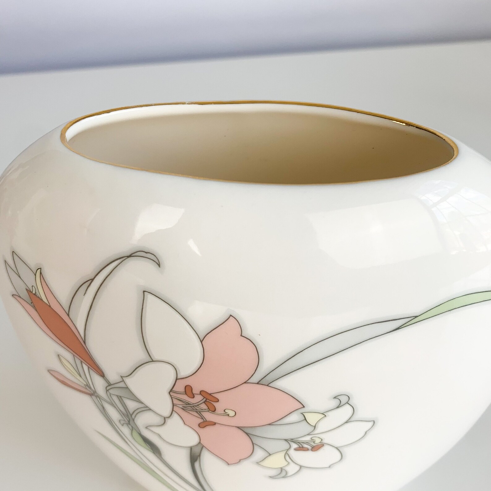 Vintage Japan Yamaji Vase Oval Calla Lily Flowers Gold Rim 80s Etsy