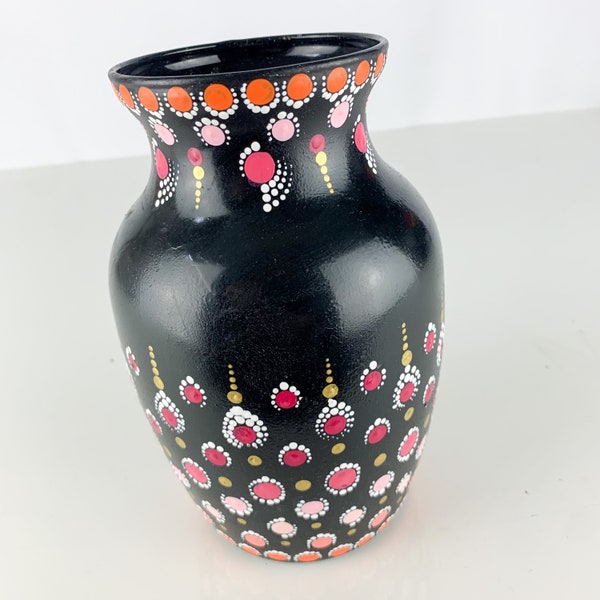 Vintage Hand Painted Mandala Dot Art Glass Vase Black Pink 80s Abstract Flower, vintage art glass vase