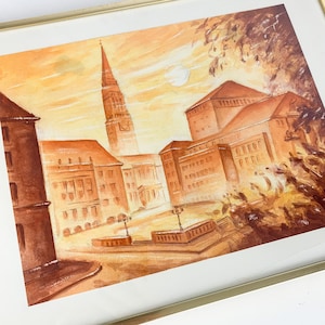 Vintage Signed German Houses Tower Street Scene Realist Framed Watercolor 1982, Gallery Wall, vintage original art, signed art