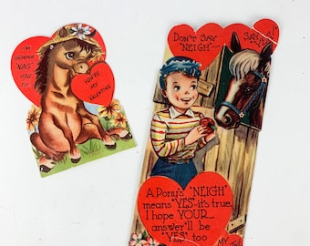 Vintage Valentines Day Greeting Card Cute Pony Donkey Horse 40s/50s Used, Kitschy cute card