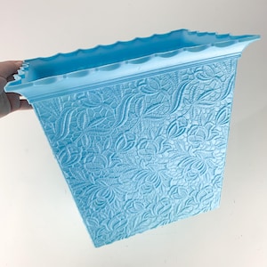 Vintage Max Klein Blue Lace Floral Ruffle Top Plastic Waste Basket Trash Can MCM, Mid Century Modern, retro waste bin