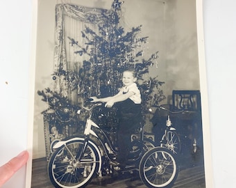 Large Vintage Christmas B&w Photograph Boy Christmas Tree Presents Toys Bicycle, old black and white photo