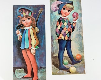 Vintage 60s Goji Big Eye Harlequin Girls Prints 15 x 6” 1965 Lithos Kitschy Cute, vintage gallery wall